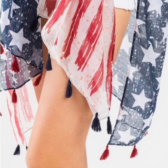 New America Print Boho Tassel Trim Contrast Red Blue Stripe Kimono Swim Cover Up - Picture 13 of 16